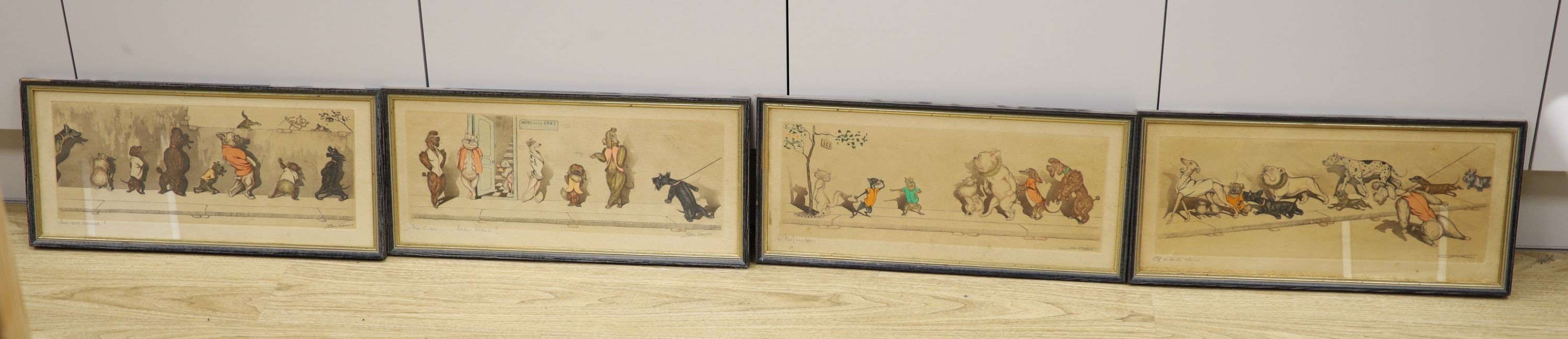 Boris Klein (1893-1985), a set of four dog themed etchings, signed in pencil, 17 x 43cm.